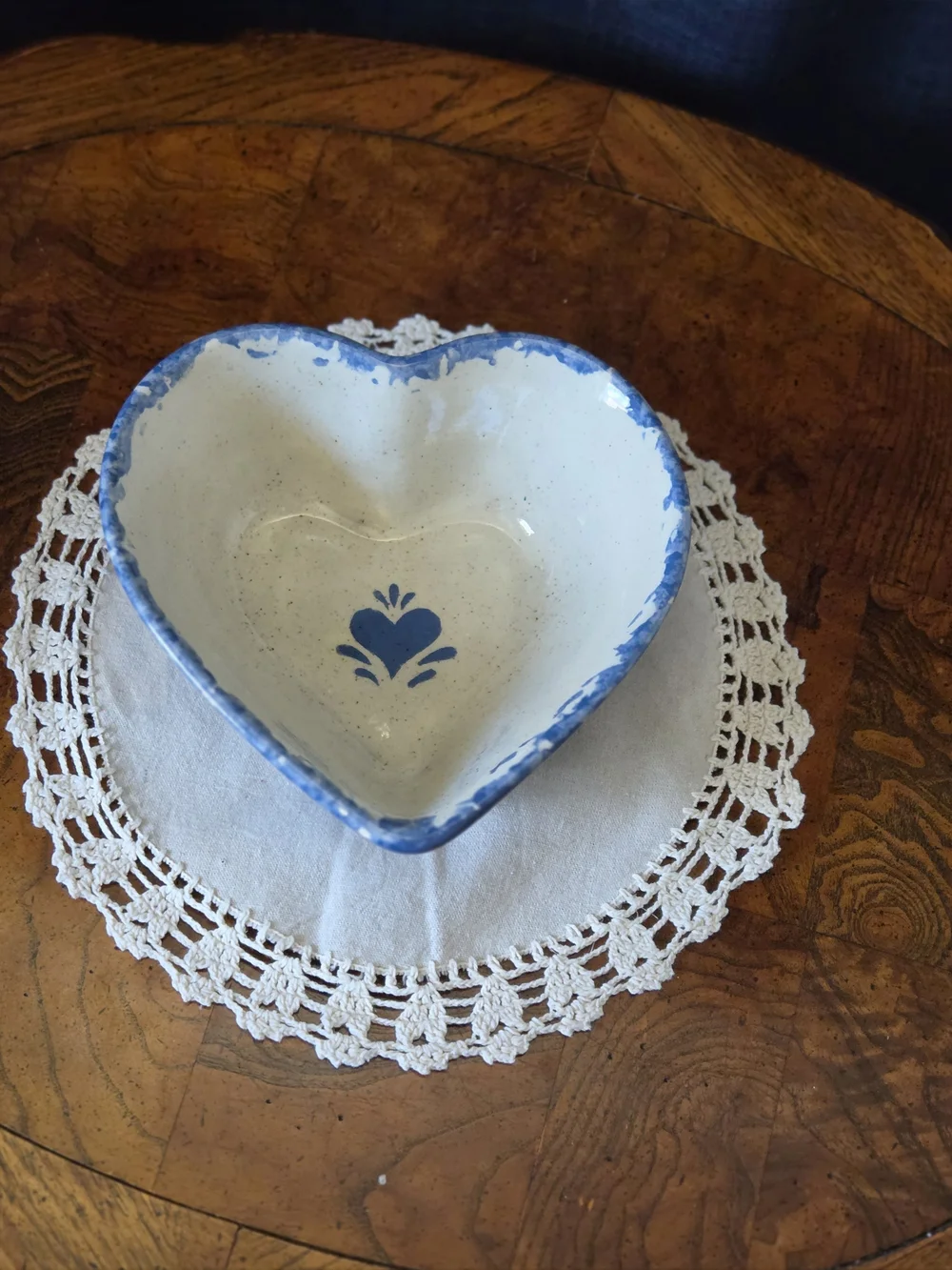 Blue Spongeware Style Heart Pottery Bowl | Primitive Country Farmhouse Decor